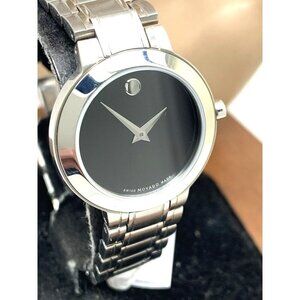 Movado Womens Watch 0607280 Stiri Swiss Quartz Black Dial Silver Stainle…